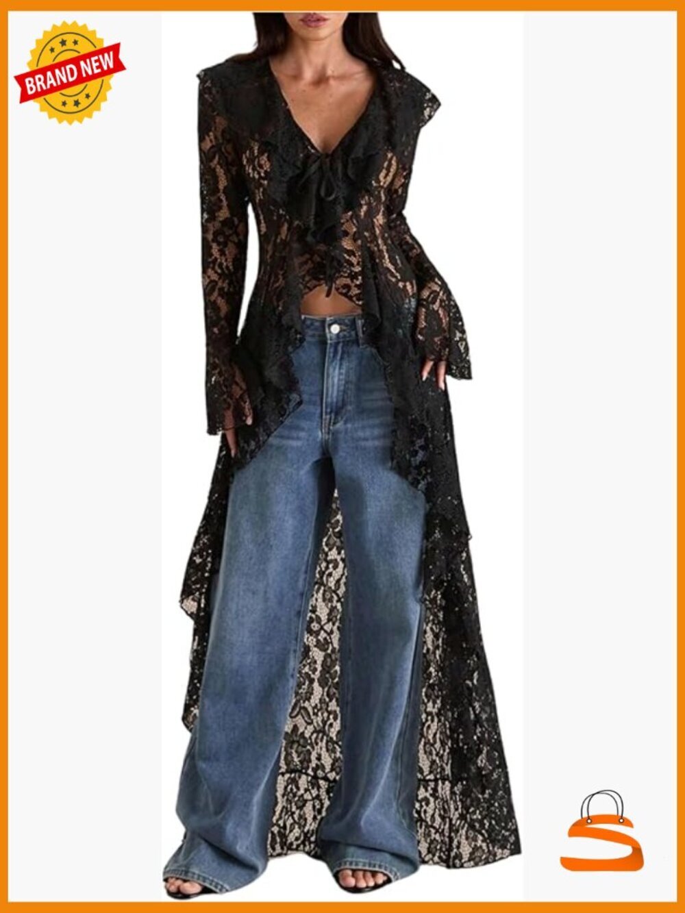 Floral Lace Tie V Neck Blouse Long Sleeve Ruffle High Low Elegant Shirt